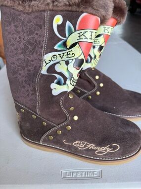 Ed Hardy Brown Suede Heeled Boots with Red & Yellow Tattoo Graphic